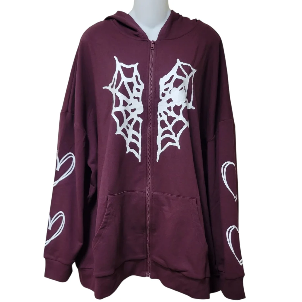 Oversized Y2K Zip Up Gothic Spider Web Heart Graphic Sweatshirt Hoodie - NWOT